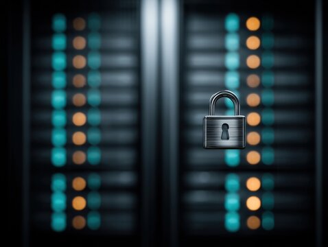 Securepadlock suspended in front of high-tech server array illuminated by vibrant LED indicators reflecting digital safety protocols and cybersecurity challenges in modern infrastructure