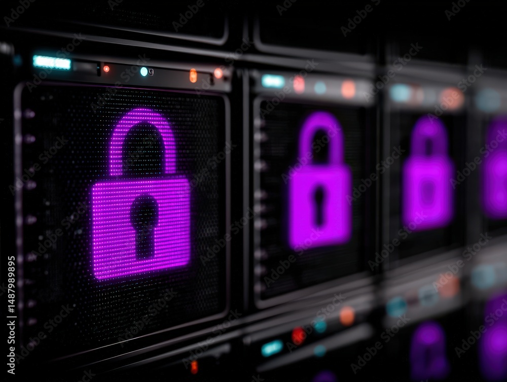 Poster digital security concept showcasing illuminated padlocks in vibrant purple hues against a technology