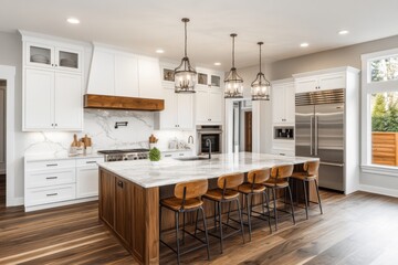 Modern kitchen design with island and marble countertop for home decor and interior design use cases.