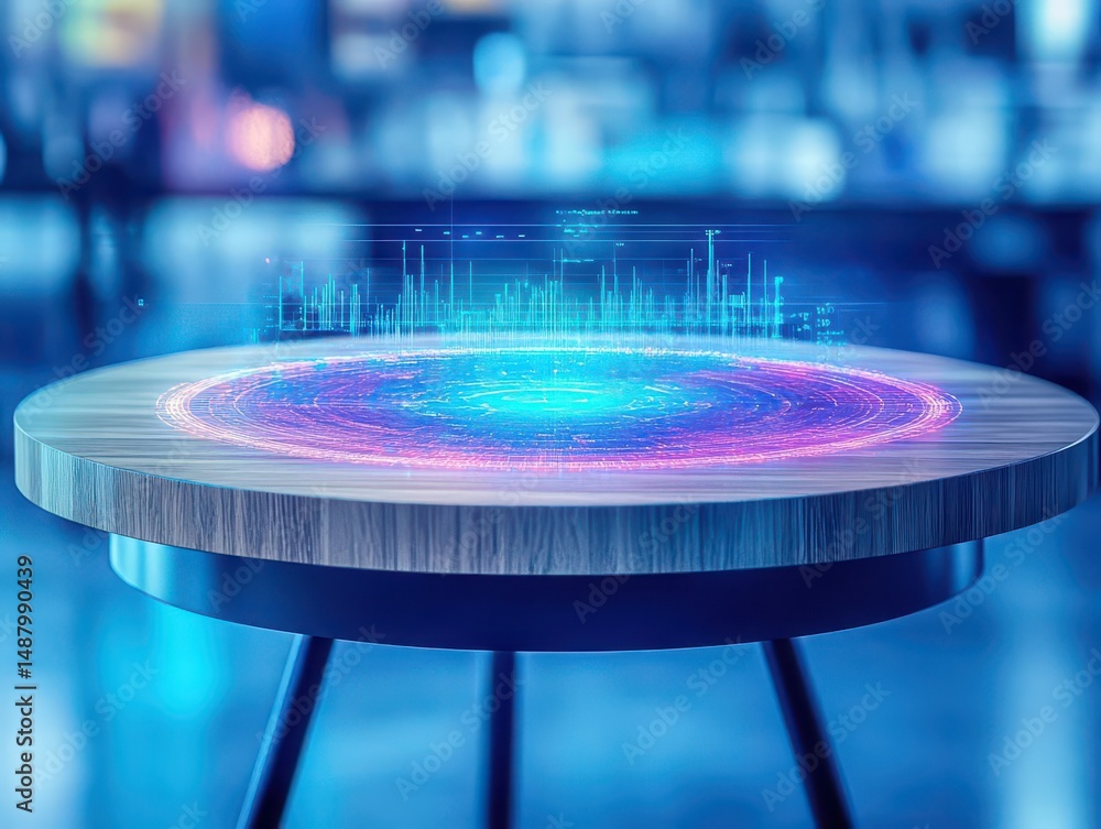 Poster vibrant circular tabletop illuminated with colorful lights creating a warm inviting ambience perfect