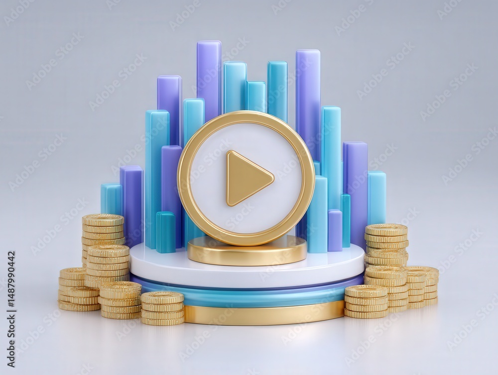 Poster vibrant graph representing digital growth with musical play button against a backdrop of stacked gol