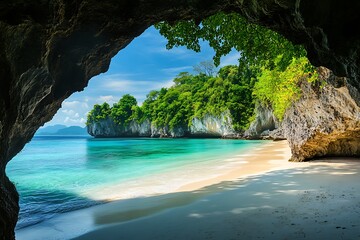 Obraz premium This stunning tropical island features pristine white sandy beaches, crystal-clear turquoise waters, vibrant marine life, and lush green landscapes.