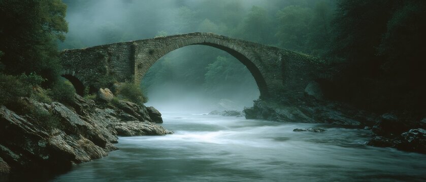 A tranquil stone bridge arches gracefully over a mist-covered river, surrounded by lush greenery and enshrouded in soft morning mist.