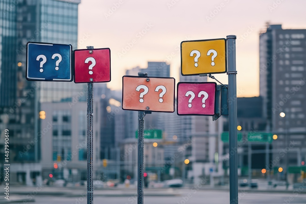 Poster intriguing collection of street signs featuring question marks symbolizing uncertainty and explorati