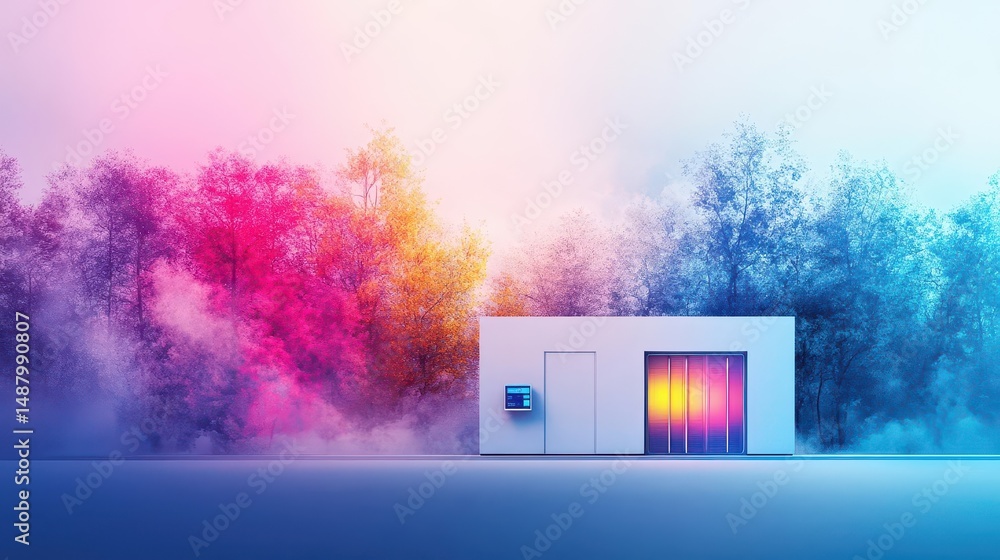 Poster a striking white building illuminated by vibrant multicolored lights creating a captivating and drea