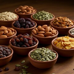 Assorted nuts and dried fruits in terracotta bowls on a wooden surface