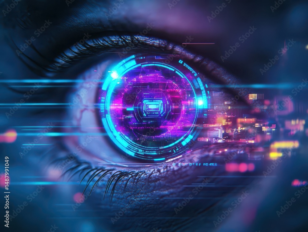 Poster futuristic eye with advanced interface surrounded by high-tech elements creating a captivating visio