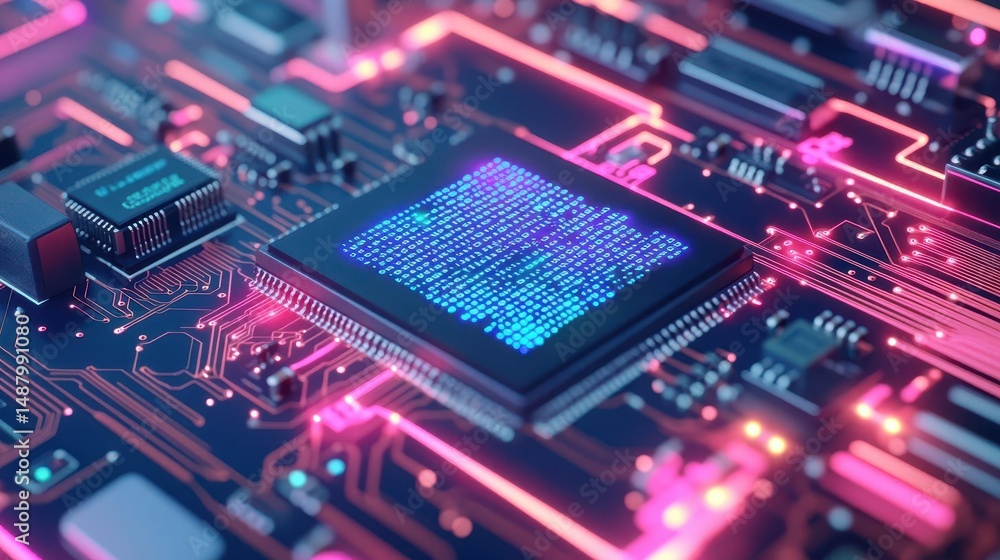 Poster close up of a computer chip mounted on a green circuit board highlighting intricate connections and 