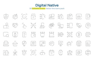 Digital Native  line icon pack. Digital Native Stroke icon set. Editable Stroke icon