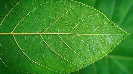 Vibrant Green Leaf with Delicate Yellow Line Showcasing Nature's Intricate Beauty and Harmony in a Tranquil Outdoor Setting Under Soft Light