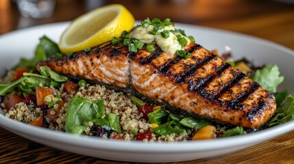 Grilled salmon fillet on quinoa salad with lemon.