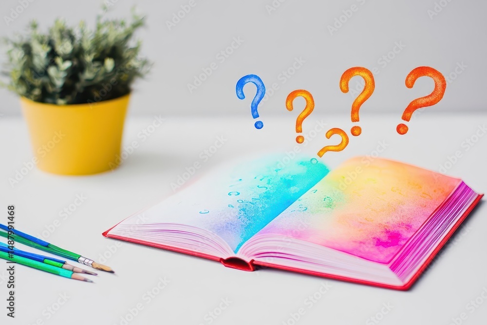 Poster an open book featuring intriguing question marks symbolizing curiosity and inquiry inviting readers 