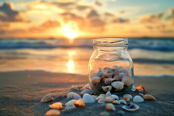 Glass jar filled with various seashells on sandy beach during sunset, with ocean waves in background