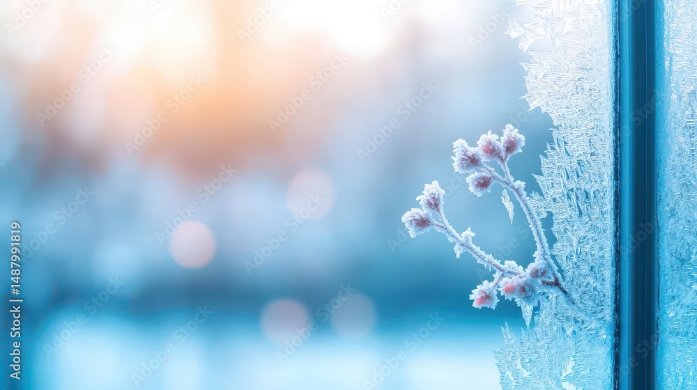 Poster frosted window displaying delicate branch with intricate frost patterns illuminated by soft natural 