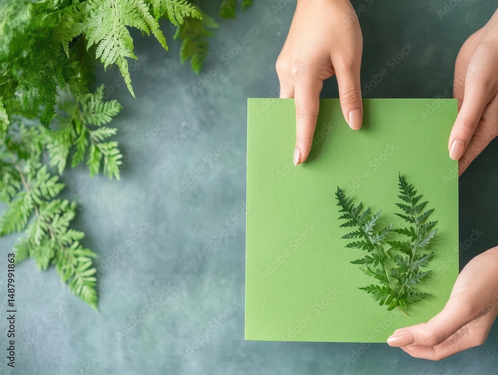 Poster two hands gently holding a vibrant green card adorned with a delicate fern leaf symbolizing nature c