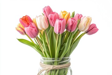 Fototapeta premium Colorful tulip bouquet in a mason jar, perfect for spring decor, gifts, and floral arrangements