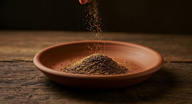 Artisan Spices:  Cumin Seeds Falling into a Rustic Terracotta Bowl on a Wooden Table