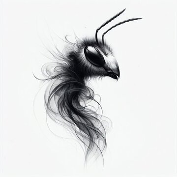 Elegant monochrome drawing of a bee / wasp with flowing, smoke-like abstract lines, isolated on a white background.