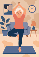 Flat Style Illustration of Senior Woman Practicing Yoga at Home in Cozy Living Room