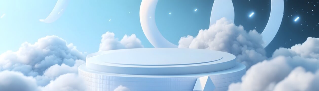 Abstract  display platform  with  clouds and  circles.