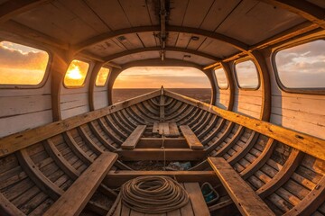 Obraz premium inside view of wooden boat at sunset on horizon