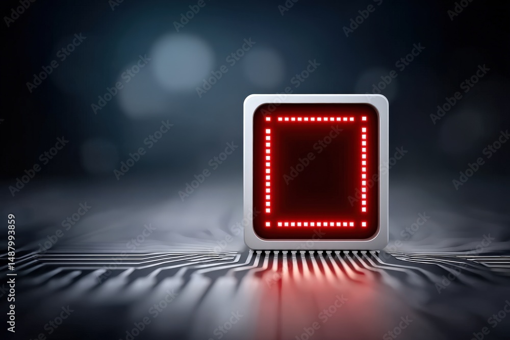 Poster captivating close-up of a modern microchip illuminated with vibrant red led lights against a sleek c