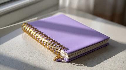 Lavender spiral notebook on white surface