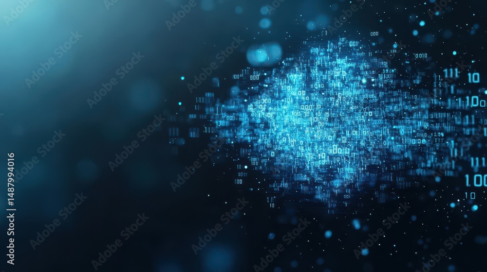 Poster vibrant blue abstract background featuring intricate binary symbols creating a futuristic and techno
