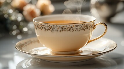 Fototapeta premium A cup of steaming tea, golden-edged, with floral design, on a light marble surface