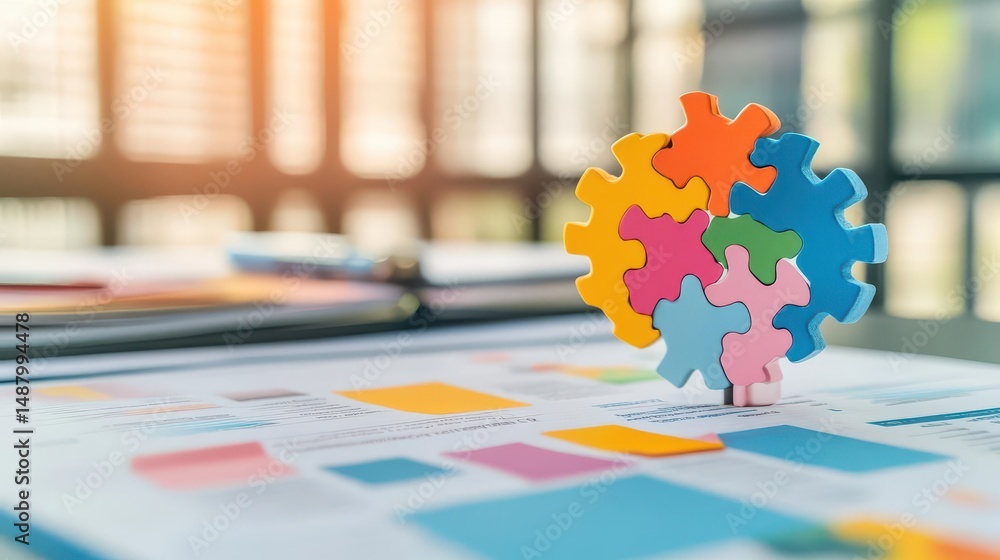Poster a single puzzle piece resting on a wooden table surrounded by unfinished puzzles reflecting the chal