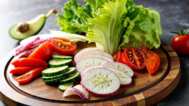 Fresh vegetables sliced on a wooden cutting board for salad preparation  