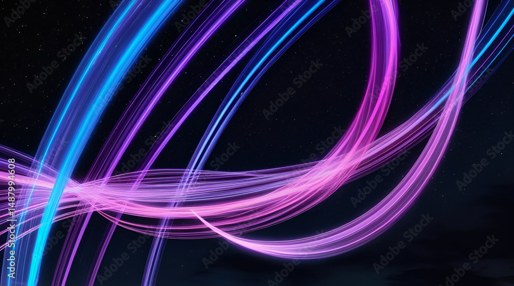 Poster dynamic light trails creating abstract shapes over a deep black backdrop