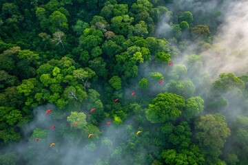 dense rainforest canopy with low fog aerial view