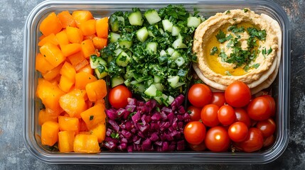 A nutritious bento box filled with fresh vegetables, hummus, and pita bread. Healthy and delicious meal.