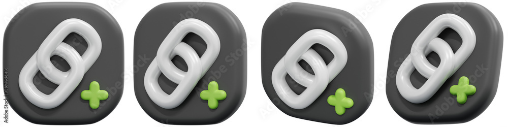 Poster set of abstract link icons set on dark background with green accent 3d render icon illustration