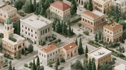 Fototapeta premium Detailed isometric view illustrating charming urban architecture and landscaping