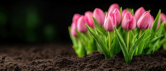 Obraz premium Fresh Pink Tulips Emerging from Rich Brown Soil in Dark Background