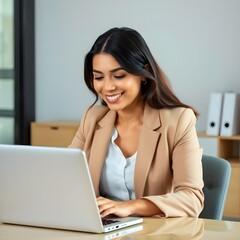 Una mujer hispana con ropa de oficina sentada en un escritorio, mirando la pantalla de su computadora portátil con una sonrisa relajada, con las manos descansando suavemente sobre su regazo.
