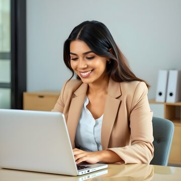 Una mujer hispana con ropa de oficina sentada en un escritorio, mirando la pantalla de su computadora port&aacute;til con una sonrisa relajada, con las manos descansando suavemente sobre su regazo.