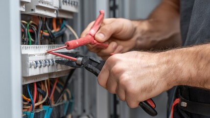 Electrician cuts power cable near panel Closeup of hands and tools Electrical industry scene with realistic detail