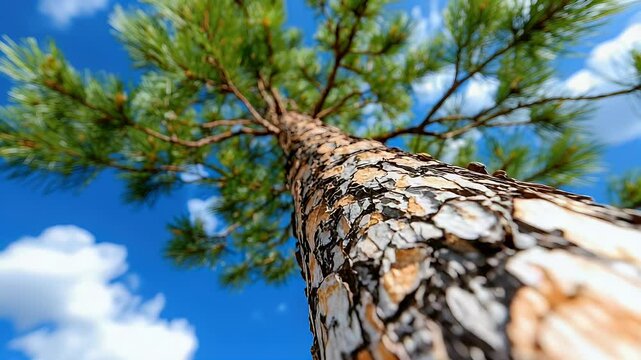 Tall pine tree reaching toward the blue sky with scattered clouds, serene and uplifting nature footage capturing the beauty of growth, perspective, and the tranquility of the great outdoors.