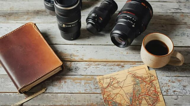 Photography equipment and accessories on wooden table