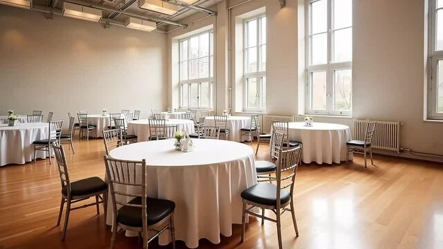 Elegant Event Space Rental White Tablecloths Wooden Floor Large Windows Natural Light Perfect for Meetings Parties or Events