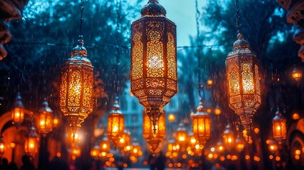 Fototapeta premium Rainy Ramadan Night in Indonesia: Glowing Lanterns and Festive Ambiance. 