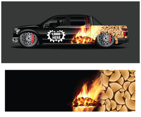 Black Pickup Truck with Fire and Wood Log Design Wrap