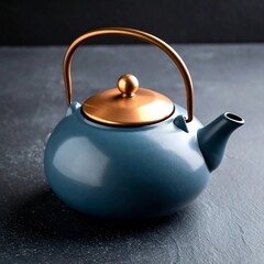 Modern Dark Blue Ceramic Teapot with Smooth Surface and Copper Colored Handle on Neutral Background – Stylish Kitchenware and Tea Accessory