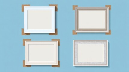 Vintagestyle photo frames with duct tape on blue background Isolated vector illustration Space for text or images