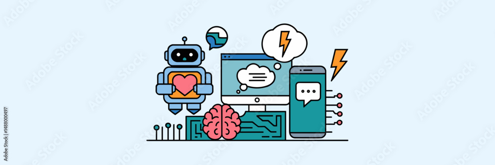 Poster vector icon sheet of symbolic tech support with robot, brain, and chat devices