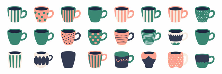 Obraz premium Icon sheet of mugs with various shapes and patterns – Suitable for kitchenware branding, lifestyle design, or illustration packs