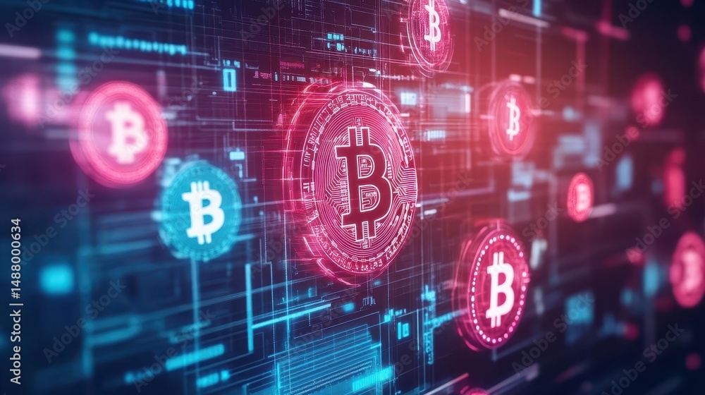 Poster bitcoin illuminated on a modern digital screen representing cryptocurrency technology and financial 